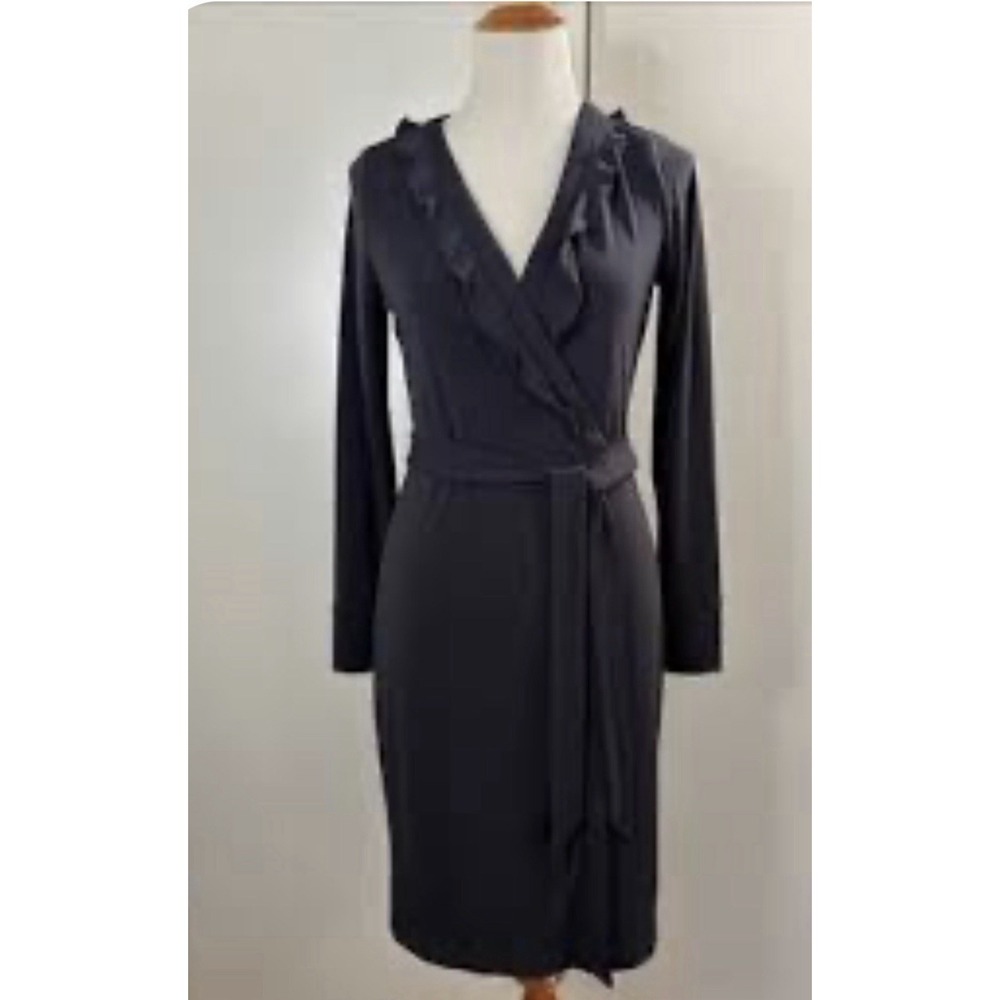 Ann Taylor Dark Gray Long Sleeve Wrap Dress Ruffle V-Neck Jersey Knit Midi sz 6